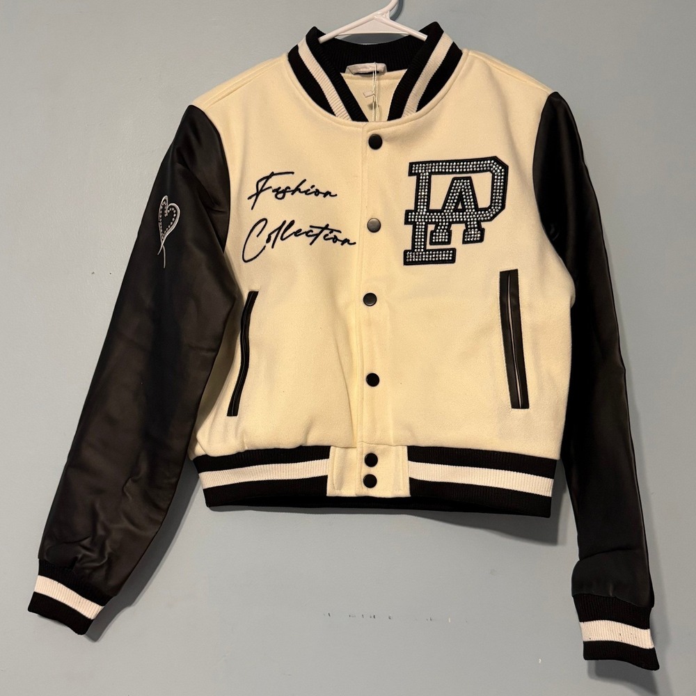 Feitycom Women's S LA Varsity Jacket Rhinestone Cropped Letterman 2303
